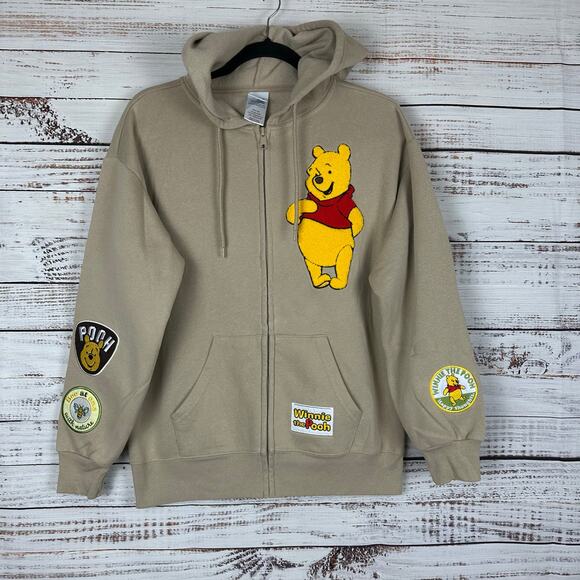 Womens Disney Winnie The Pooh Brown Embroidered Full Zip Hoodie Sweatshirt Sz M - Picture 1 of 8